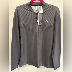 🆕 adidas Black and Gray Striped Golf Henley Long Sleeve